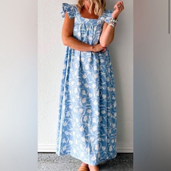 A New Day Blue Floral Print Maxi Dress Ruffle Sleeves Pockets Small Linen - Picture 1 of 10